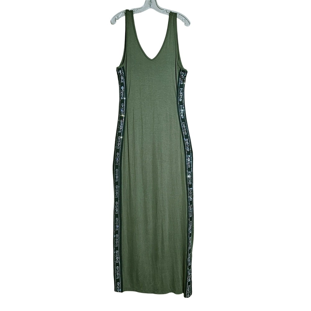 Bebe Green Rhinestone Logo Bodycon Maxi Dress L Y2K Sporty Streetwear Vacation